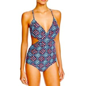 Michael Kors teal & coral pattern one piece cut out bathing suit 8